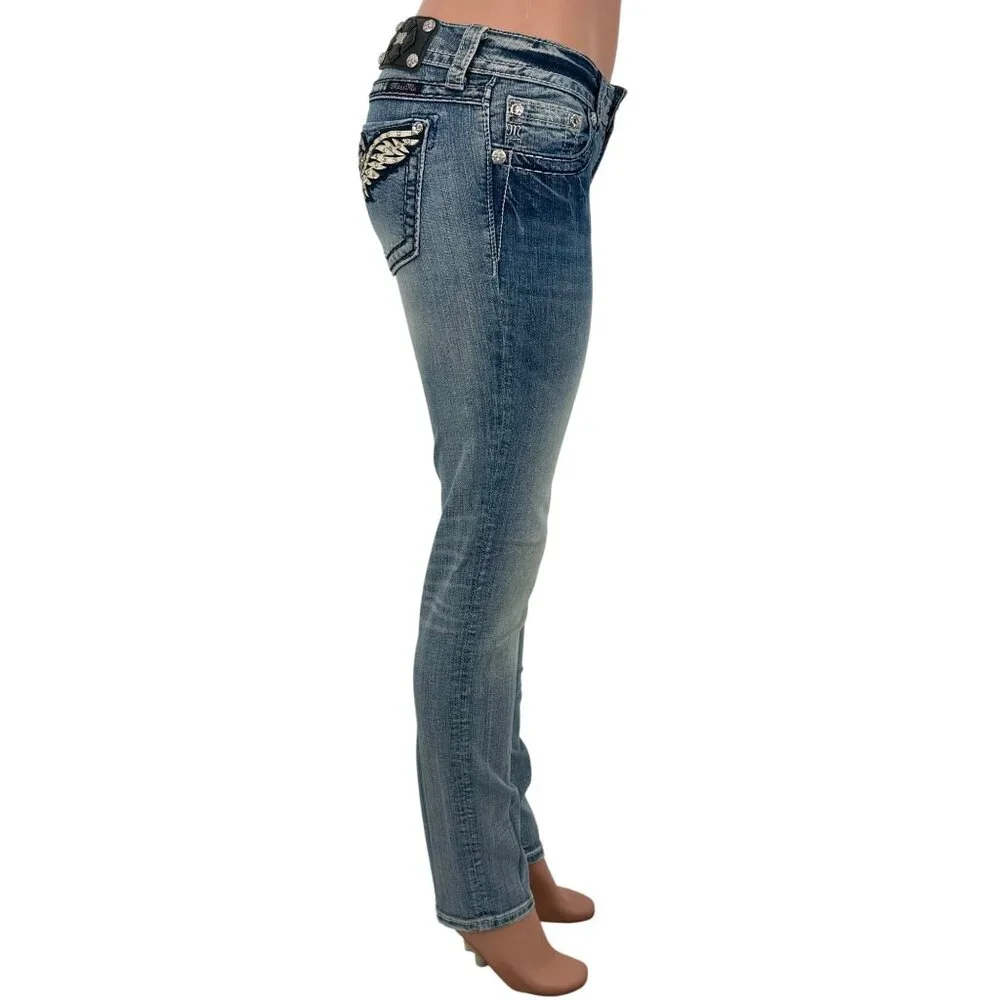 Miss Me Rhinestone Wing Distressed Skinny Jeans | McBling Y2K Early 2010s Tumblr - Picture 4 of 16